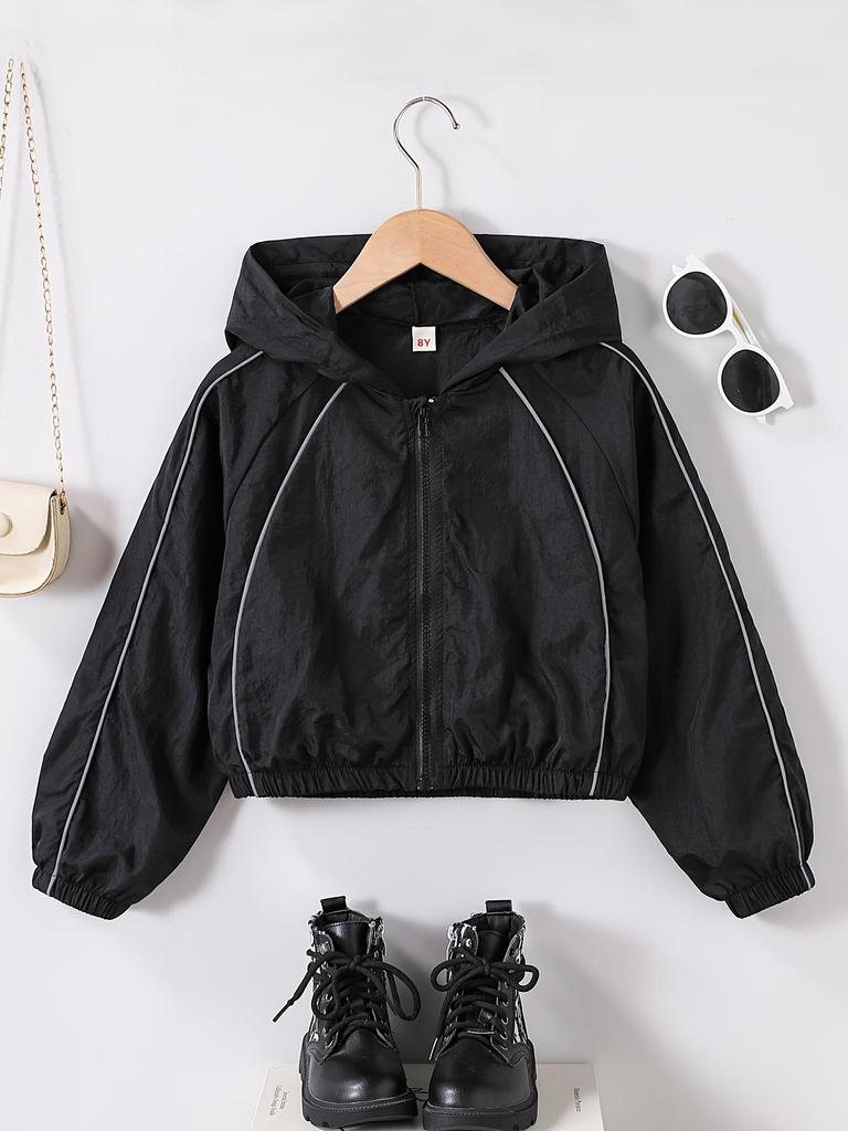Girls 8-12Y All Season Casual Jacket, Raglan Long Sleeve Zip Up Short Coat with Reflective Stripe, Lightweight Outdoor Running Cycling Sportswear