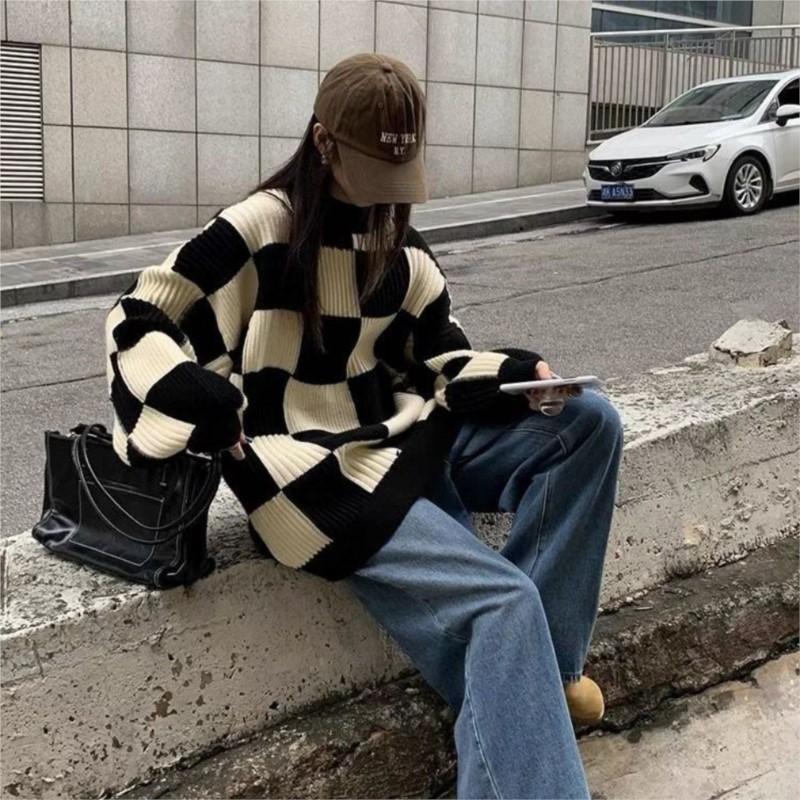 Свитер в клетку, женский осенне-зимний топ, вязаный свитер в стиле ретро, модный повседневный свободный свитер