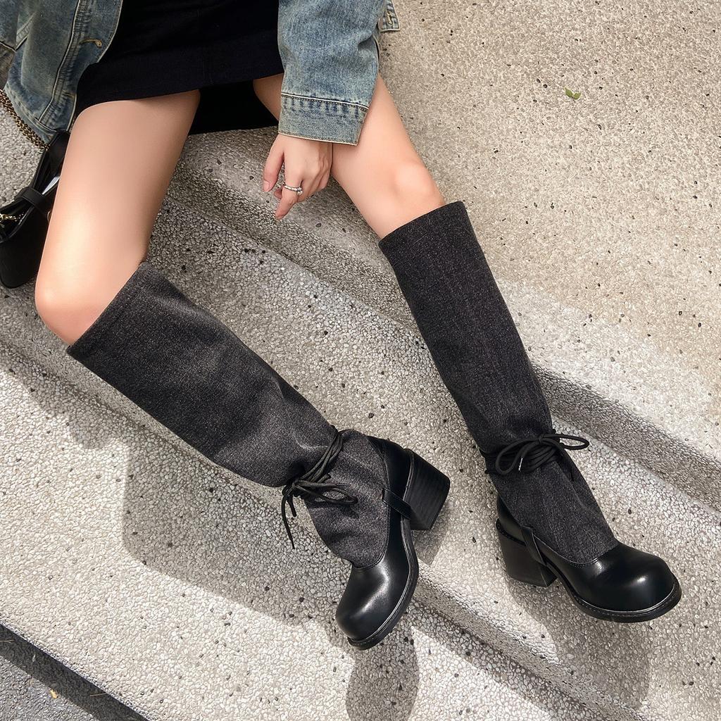 Thick Heel Strap Skinny Big Tube Black Boots Women's New Fashion Spice Girl Long Tube