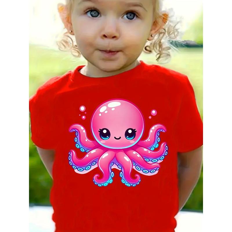 Girls Cute Cartoon Octopus Print Crewneck Short Sleeve Tee