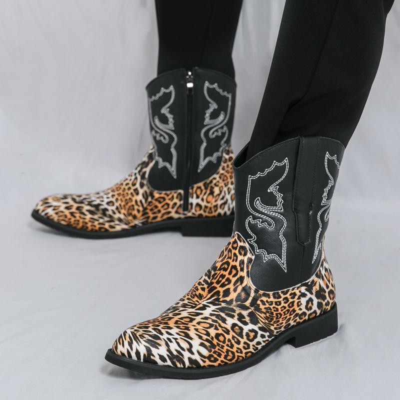 Designer Men's Retro Western Cowboy Boots Mens Leopard Patchwork Embroidery Mid-calf Leather Boot Designer Casual Shoes