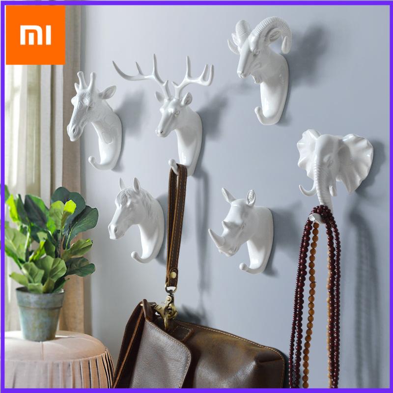 Xiaomi White European Style Animal Head Hooks No Drill Strong Adhesive Wall Decor Deer Horse Rhino Elephant Goat Giraffe Coat Hangers