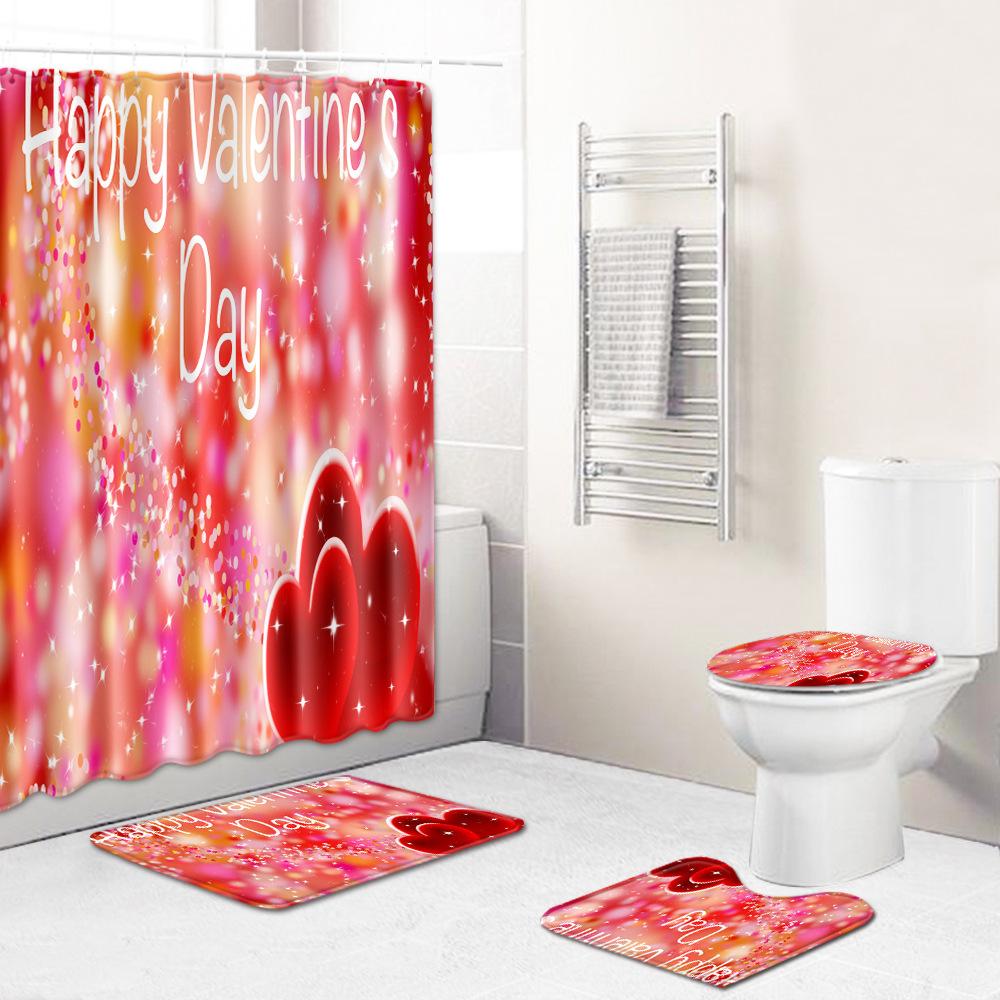 Love Valentine'S Day Shower Curtain Floor Mat Four-Piece Set Bathroom Non-Slip Door Mat Bedroom Carpet