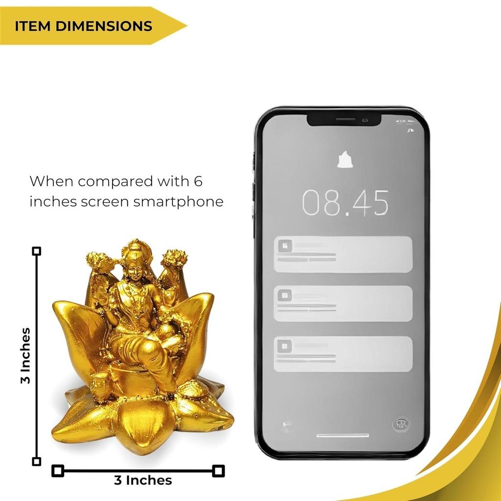 'Лакшми с лотосом' Золотая антикварная смоляная фигурка Идол Статуя Лакшми Экспонат для Мандира Домашний декор, Высота 3 дюйма, Религиозный
