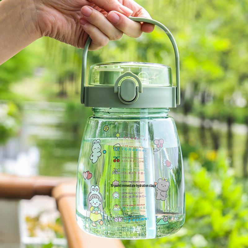 Large-Capacity Cute Plastic Straw Cup for Girls with Lanyard Handle