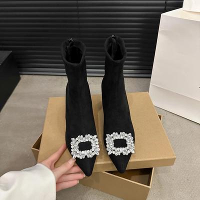 Модная женская одинарная обувь Зимние новые туфли на высоком каблуке Замшевые со стразами На молнии Короткие ботинки Модный темперамент Увеличение Профессиональная обувь