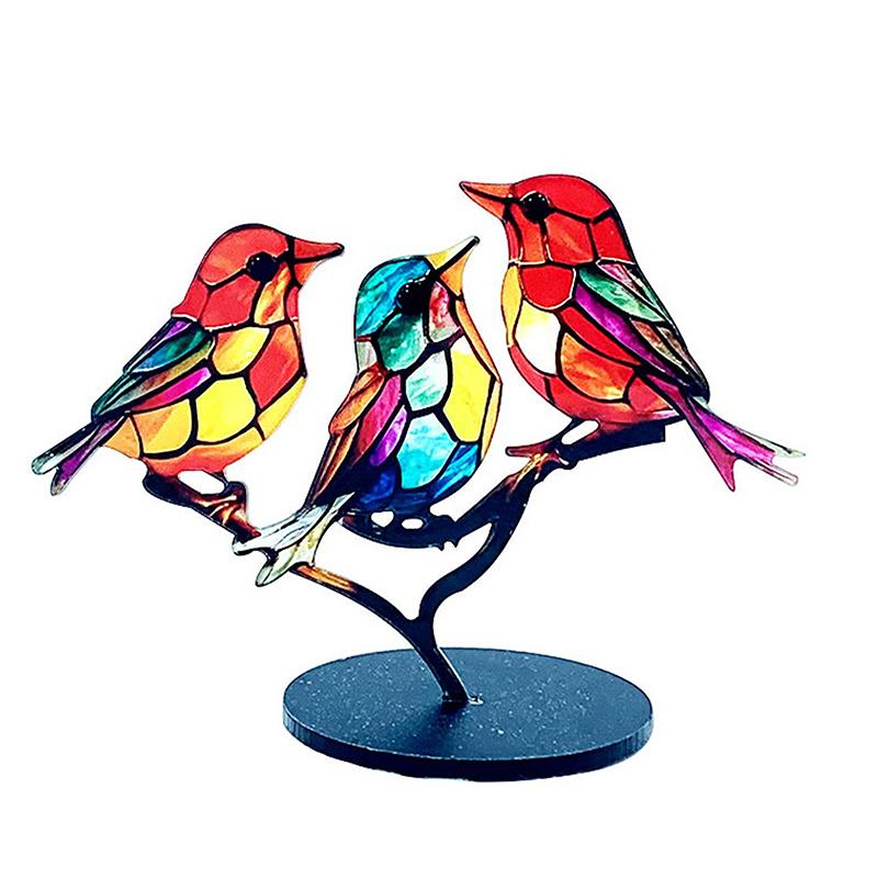 Stained Acrylic Birds On Branch Desktop Ornaments, Double Sided Multicolor Style Birds Craft Statue Desktop Ornaments