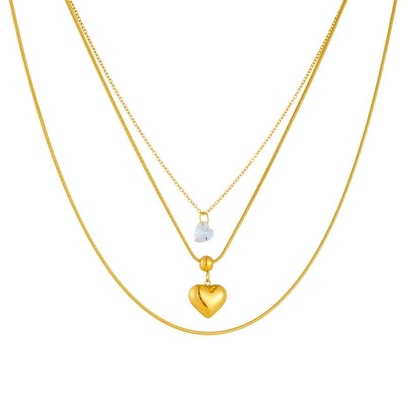 Layered Heart Pendant Necklace For Women Gold Plated Stainless Steel Zircon Fashion Jewelry