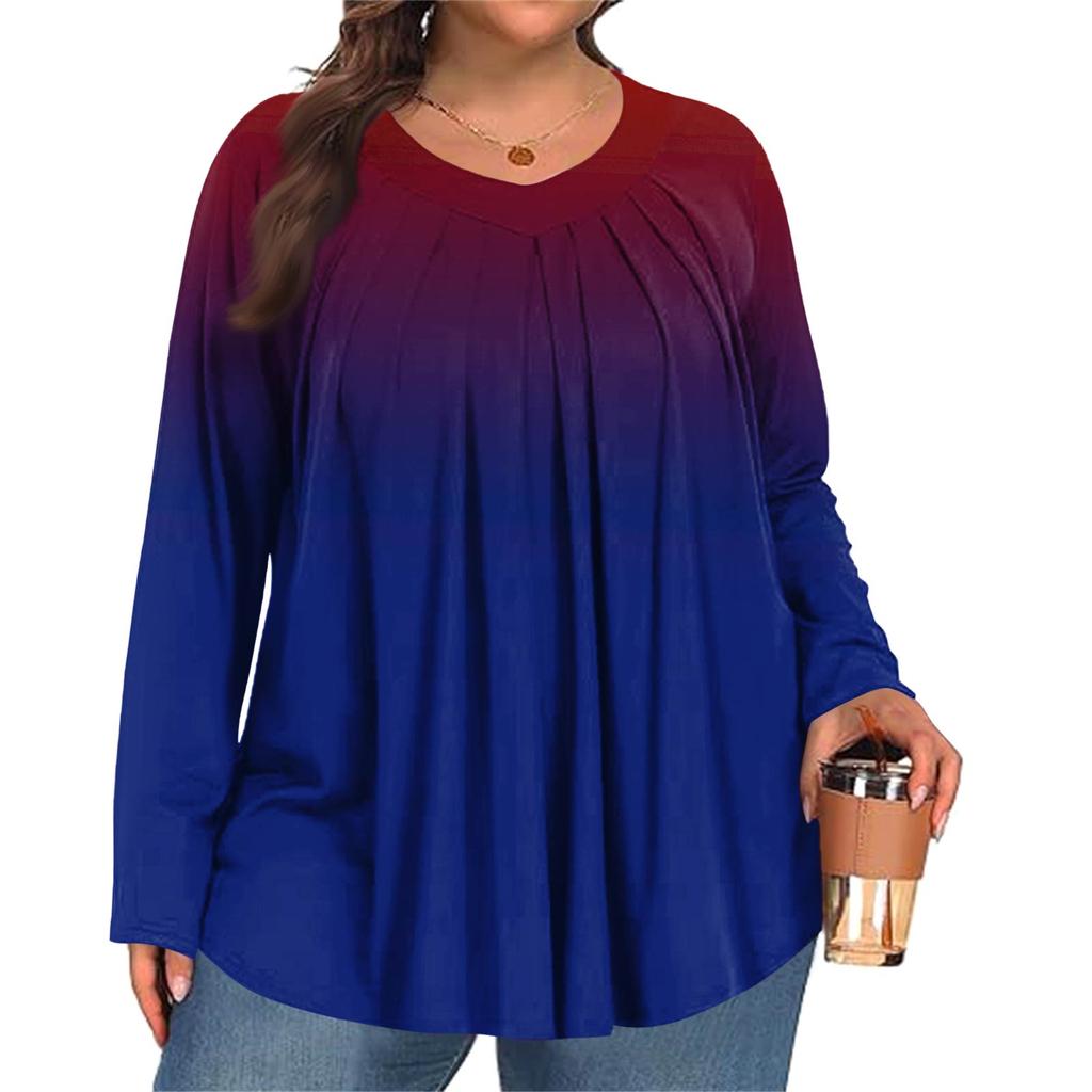 Women's Plus Size Fashion  Printed Casual Pleated Round Neck Long Sleeve Top