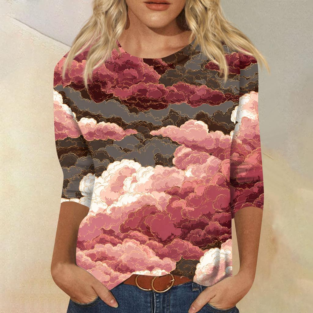 Women's Fashion Casual Round Neck Three-quarter Sleeve Gradient Print T-shirt Top