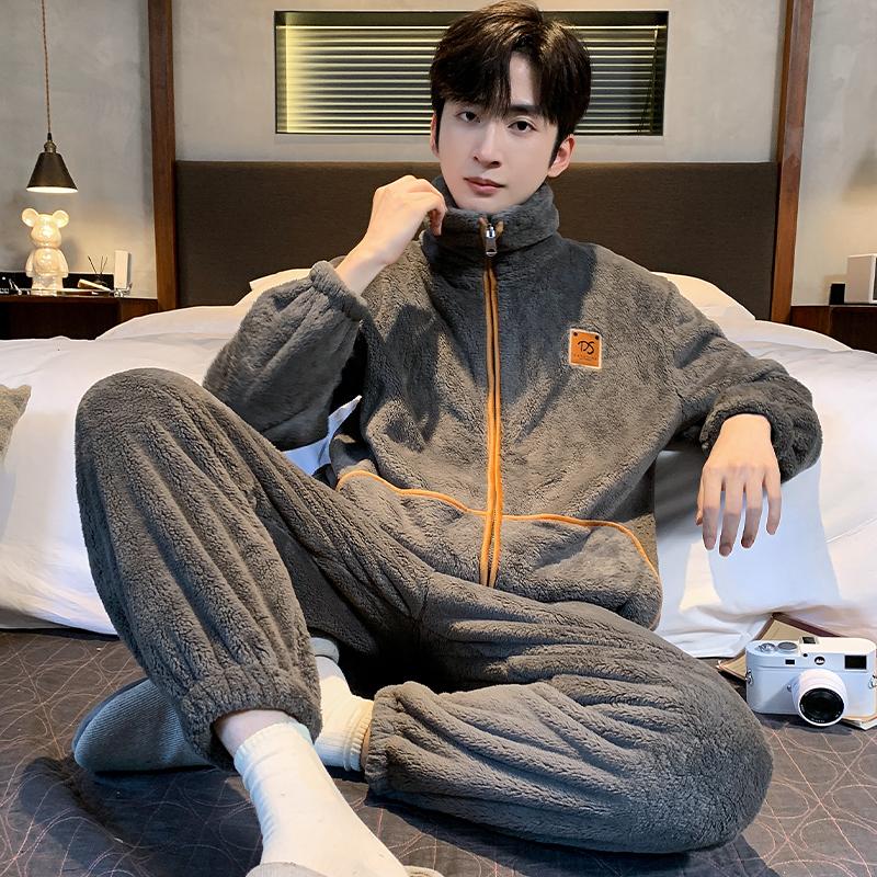 Зимняя мужская фланелевая утепленная теплая пижамная одежда с застежкой-молнией, брюки с длинным рукавом, домашняя одежда для молодых мальчиков, пижамы