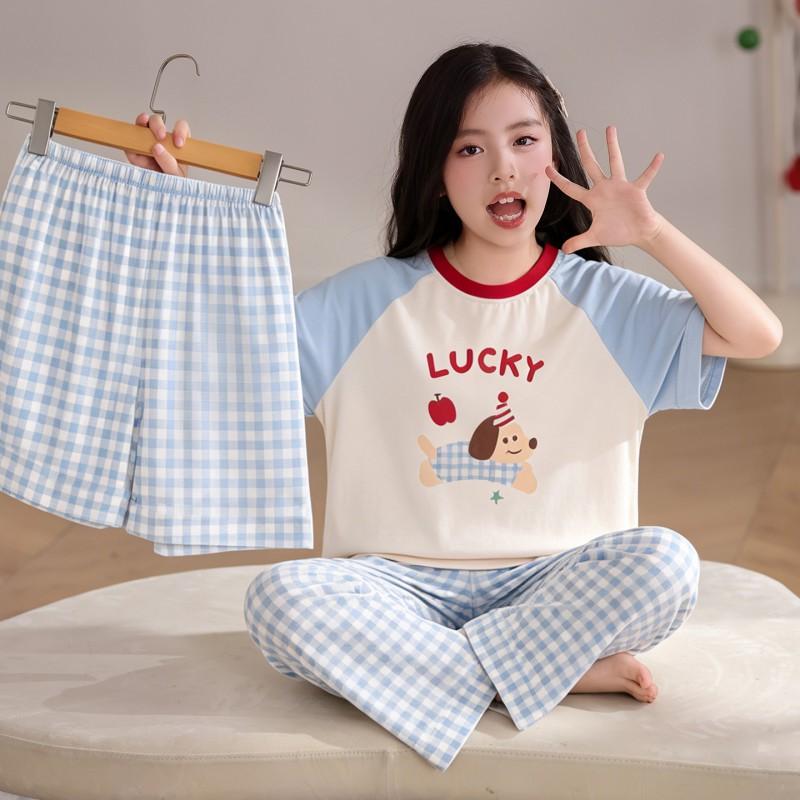Girls Pajama Set Short Sleeve Modal 3-Piece Cartoon Sleepwear Kids 8 Years