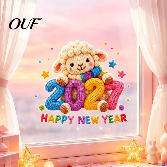 Removable Holiday Stickers Chinese New Year Window Stickers, 2027 Goat Static Clings, Reusable Festival Atmosphere Decals Crochet Knit Lamb Decor for