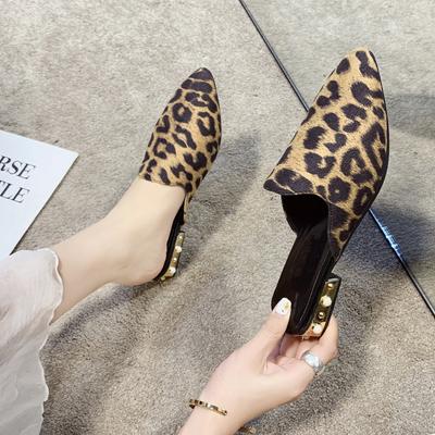 Весенне-летние тапочки больших размеров с леопардовым принтом на остром толстом каблуке и полутапочки женская обувь