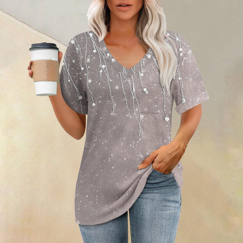 Женская модная футболка с коротким рукавом и V-образным вырезом с карманом и цветочным принтом