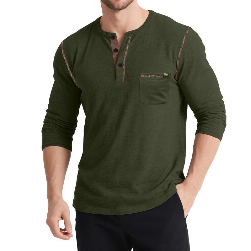 Мужская осенне-зимняя футболка-henley с длинным рукавом, ретро, с карманом, на трех пуговицах, топ