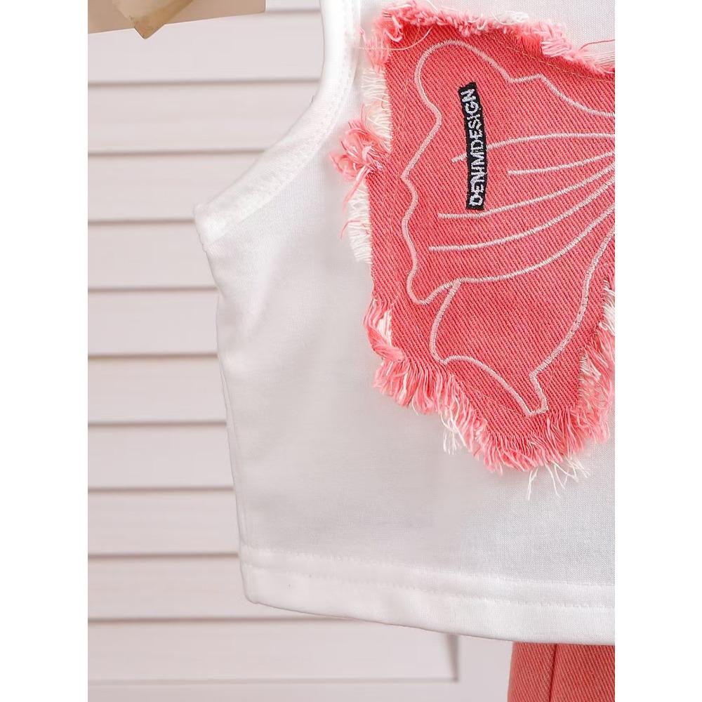 Детская одежда Комплект с короткими рукавами для девочек 4-7 лет Летний топ без рукавов с бантом + розовые рваные джинсовые брюки