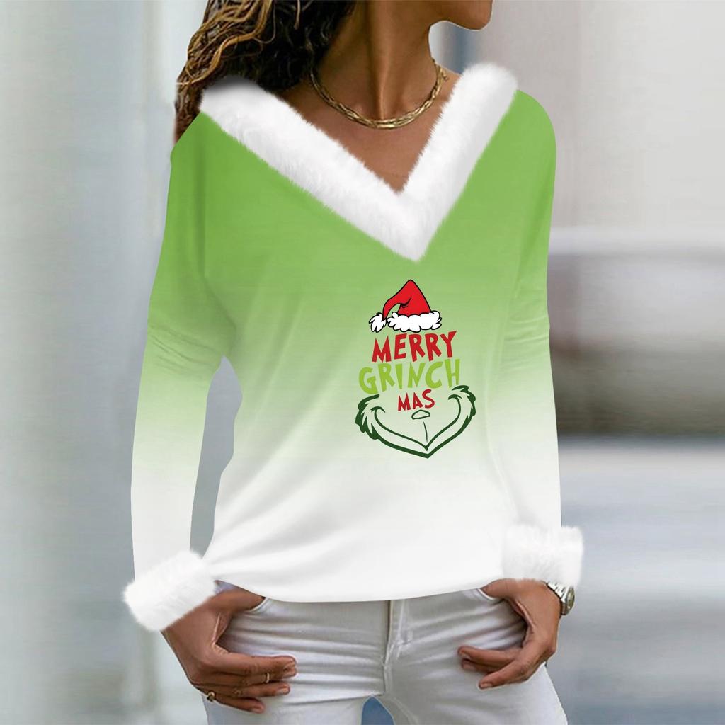 Женская футболка, рождественская рубашка с длинным рукавом, вечерние, рождественский флисовый воротник, топ с v-образным вырезом