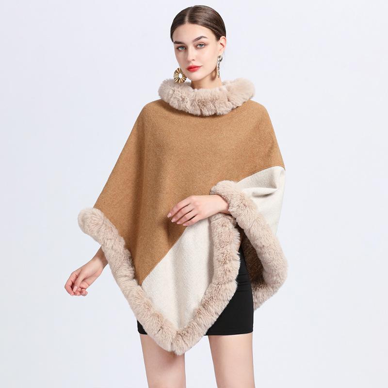 Winter Faux Rabbit Fur Cloak Women Triangle Beige Camel Contrast Color Poncho Fashion Cape Loose Pullovers Outstreet Wear Coat