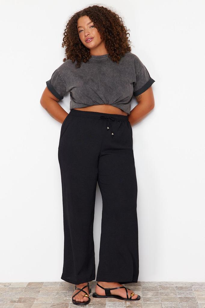 Women's Style Plus Size Pants Black Lace Waist Woven Plus Size Trousers
