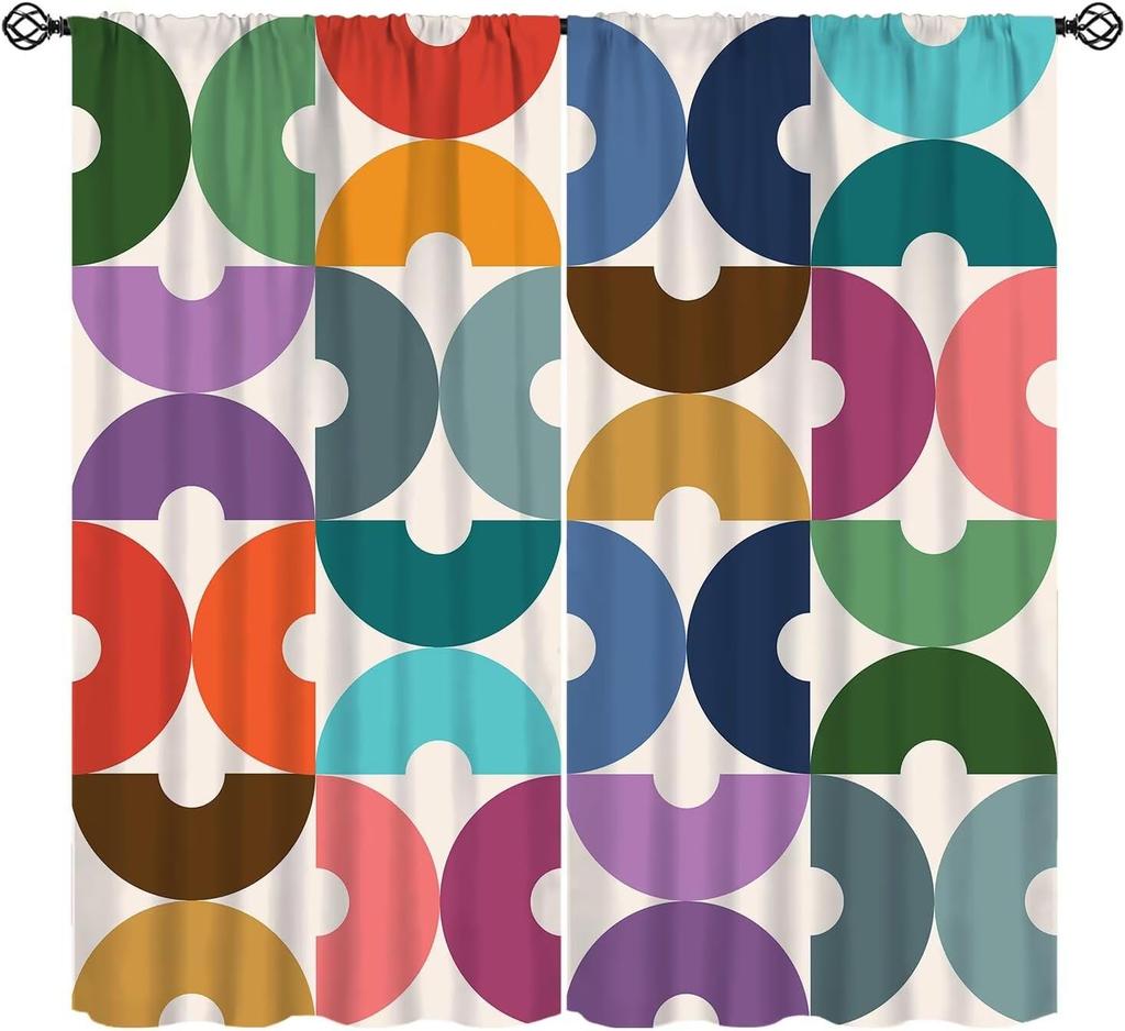 Mid Century Curtain, Yellow Vintage Abstract Boho Window Treatment Modern Geometric Circles Circular Classic Retro 50S Farmhouse