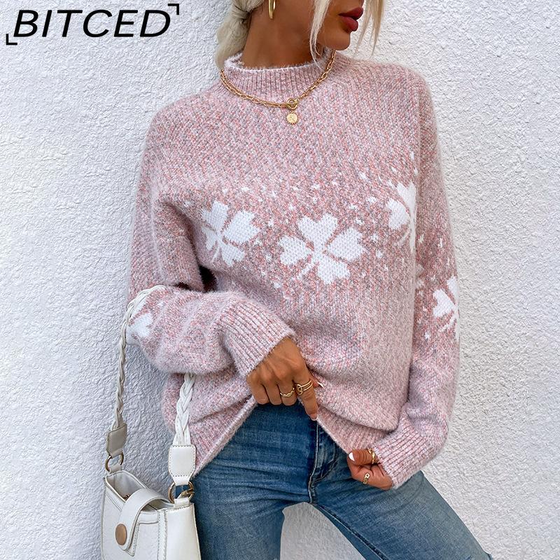 BITCED Fall/Winter Christmas Sweater Casual Women's Half-High Neck Snowflake Knit Top