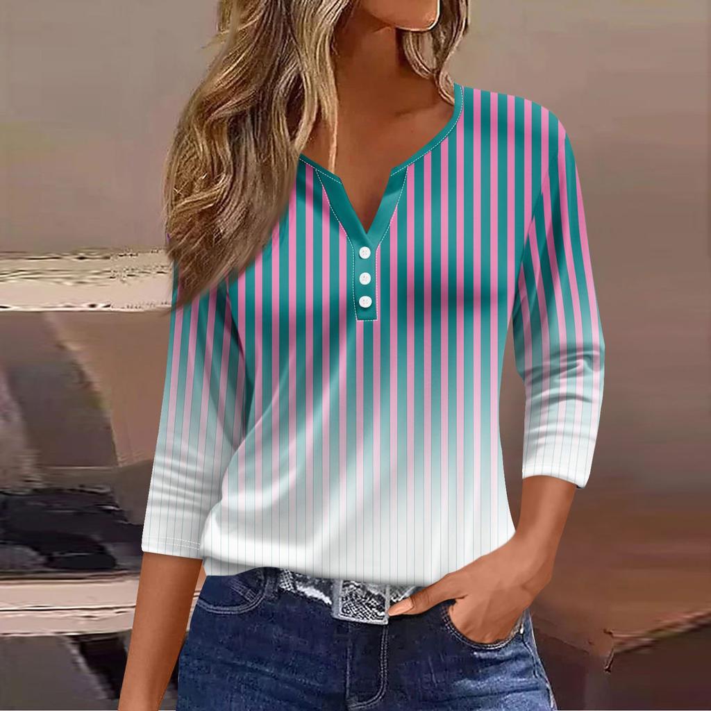 Женский модный повседневный топ с рукавом три четверти и пуговицами в полоску с градиентным принтом и круглым вырезом с принтом