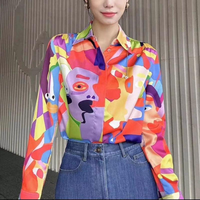 Mall 1116 Spring and Autumn Women's Clothing New Casual Color Graffiti Printing Long Sleeve Shirt Shirt 1111988