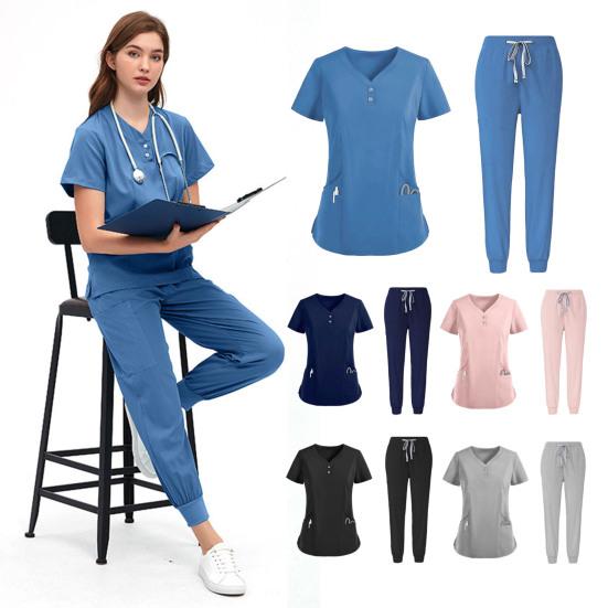 2Pcs/Set Unisex Hospital Uniform Set V-neck Short Sleeve Pockets Tops Elastic Waist Pants Set Quick Drying Hospital Dental Nursing Scrubs Uniforms
