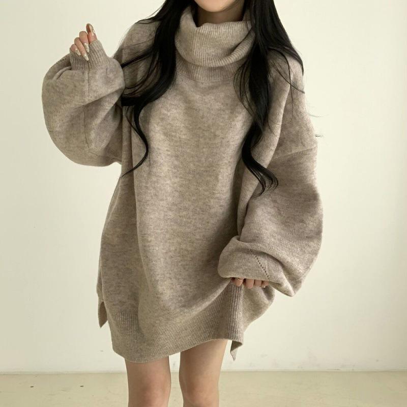 Women's Japanese-Inspired Black Turtleneck Sweater – Autumn and Winter Loose-Fit with Side Slits