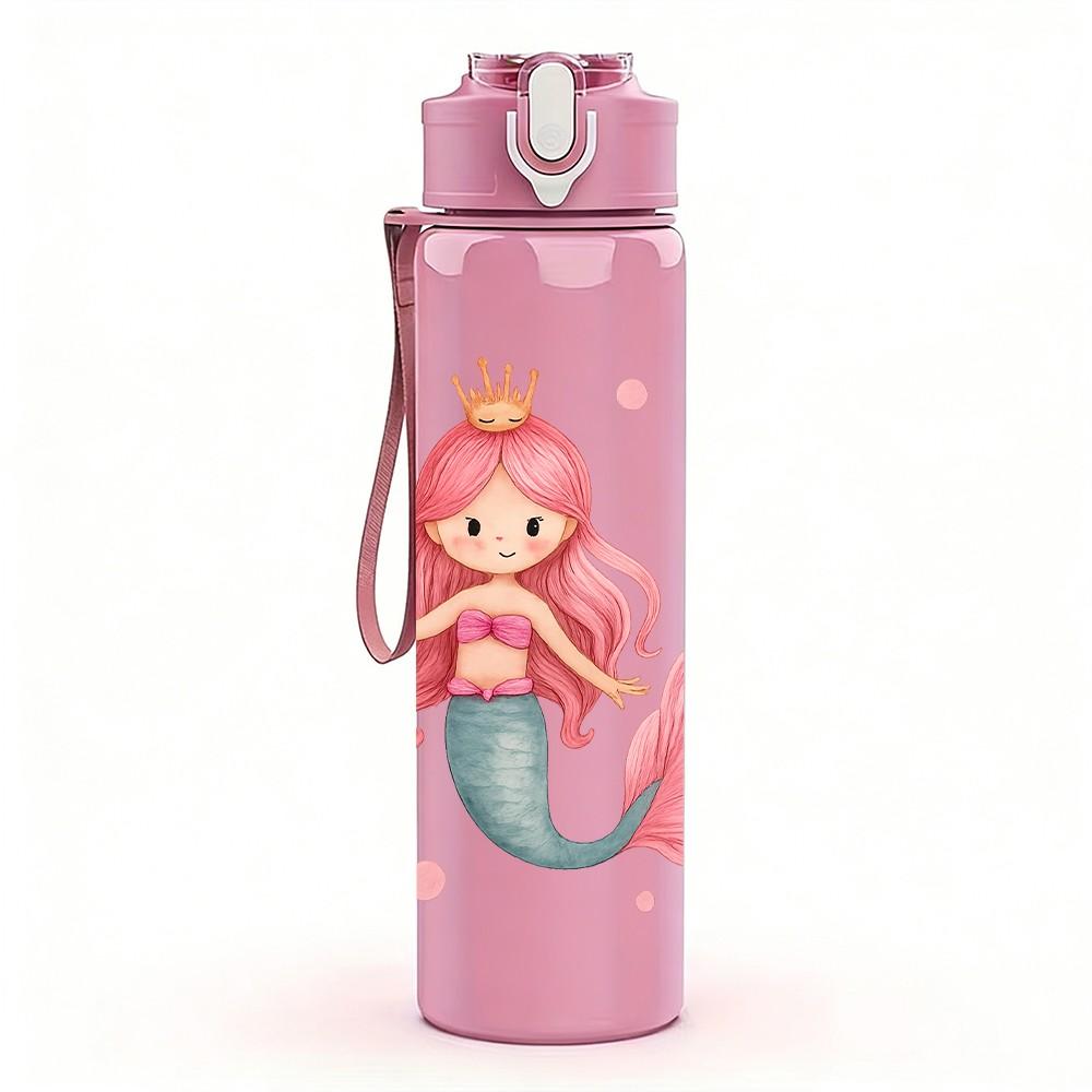 1PC Pink Mermaid Princess Cartoon 750ml Color Plastic Sports Water Bottle Leakproof Flip Straw Lid Suitable for Sports Office Home Use