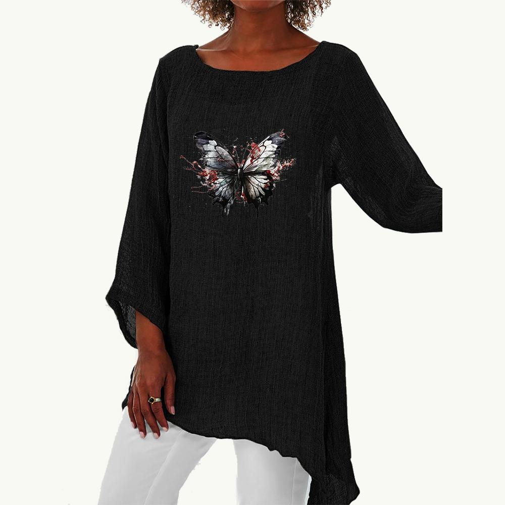 Women Spring&summer Fashion Long Shirt Female Casual 3/4 Long Sleeve Thin Top Plus Size Round Neck Print Loose Shirt