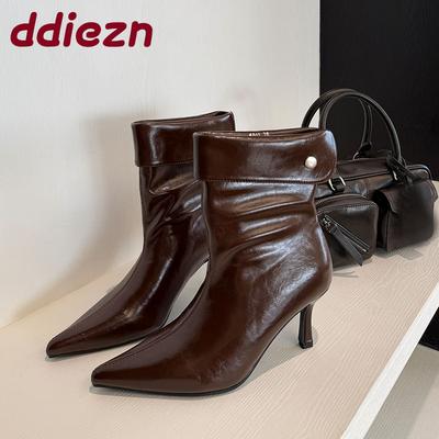 Модные современные женские ботильоны-стрейч Женская обувь на тонком каблуке Модные туфли с острым носком Женские короткие ботинки Туфли-лодочки