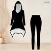Women Plus Size Black White Geometric Printed Hooded Long Sleeve High Low Top Fitted Pants Two Piece Set
