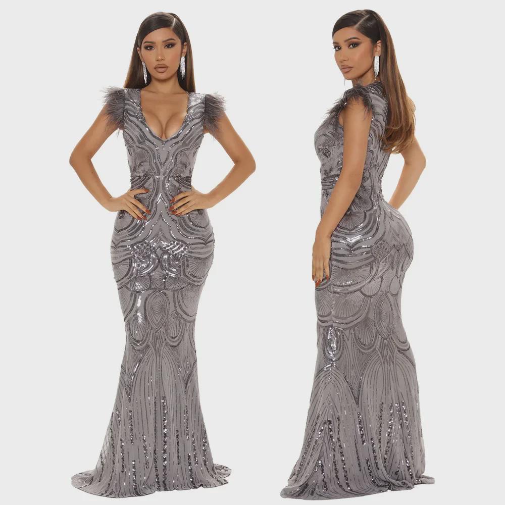 Европейская и американская мода вечернее платье с пайетками и перьями на плечах и бедрах