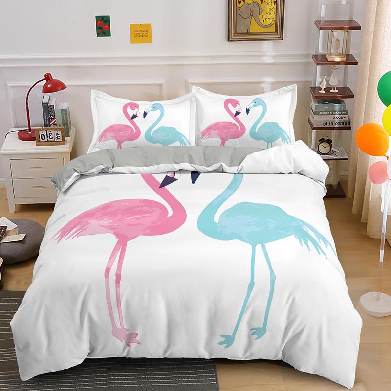 Animal Flamingo King Queen Duvet Cover Cartoon Pink Tropical Bird Bedding Set For Kids Teens Aduls Blue Soft 2/3pcs Quilt Cover
