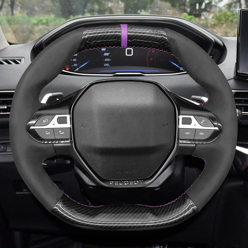 Black Carbon Fiber Suede Hand-stitched Steering Wheel Cover for Peugeot 208 308 2008 3008 4008 508 5008 Partner Rifter 2016-2022