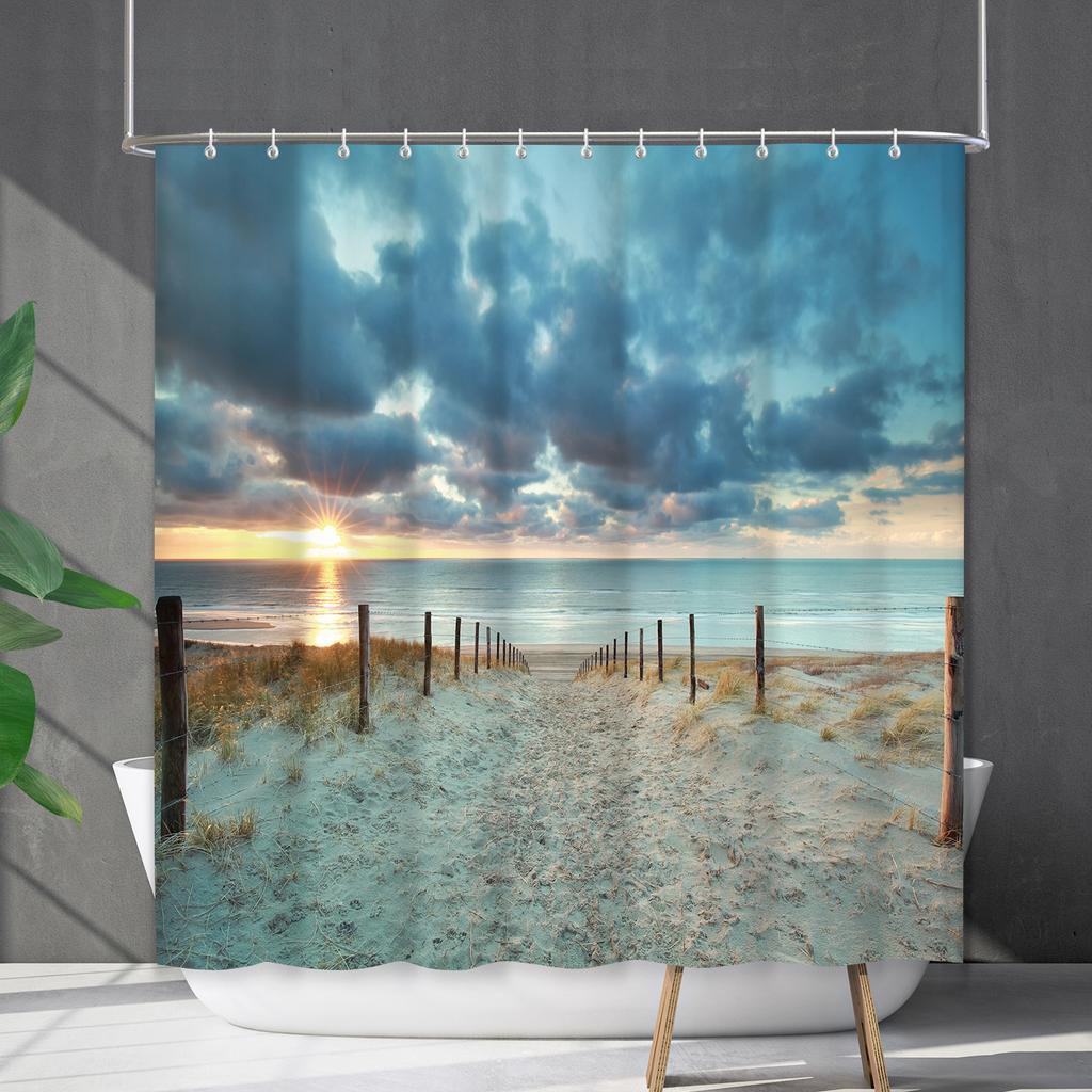 Shower Curtain Waterproof And Mildew-Proof Coconut Tree Beach Beach Bathroom Shower Curtain Shower Curtain Partition Curtain Free Punching