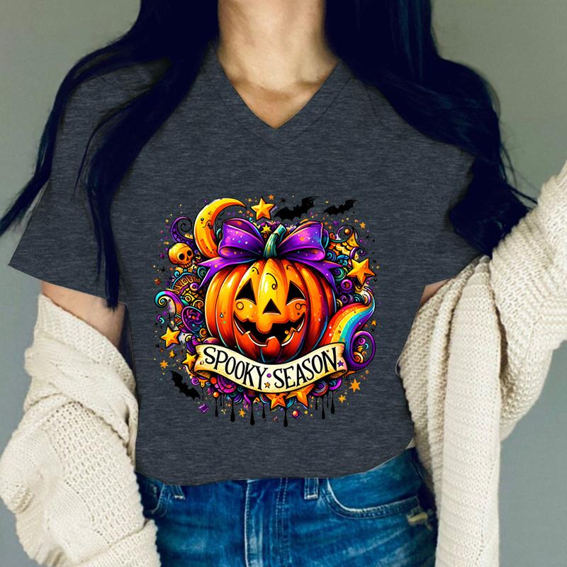 Women Tshirts Pumpkin Halloween Spooky Season Graphic T Shirts Women Colorful Halloween Design Horror Pumpkin Skeleton Tshirt