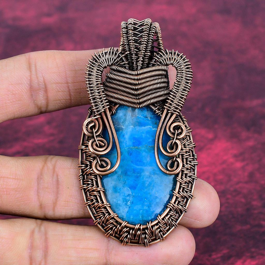 Neon Apatite Pendant Handmade Real Gemstone Pendant Copper Wire Wrapped Jewelry