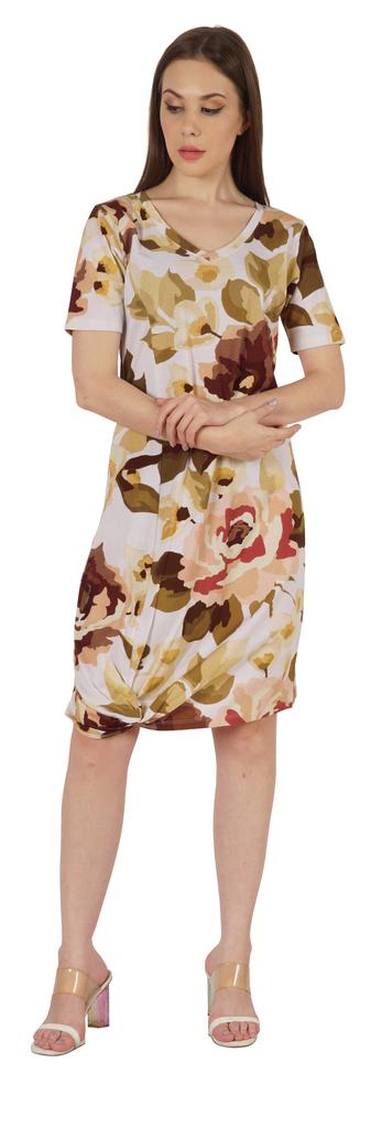 Moomaya Cotton Jersey Printed Midi Dress For Women V-Neck Summer Short Sleeves Knee Length