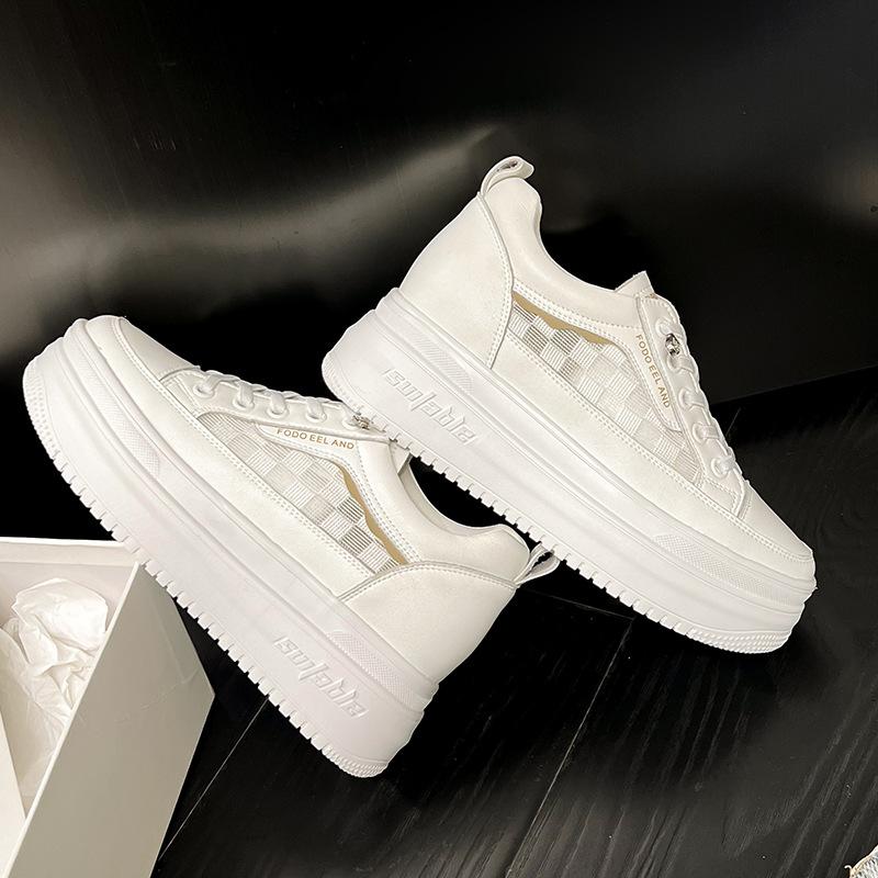 9cm Inner Raised Mesh Leather Small White Shoes for Women's 2024 Summer New Thick Soles, Versatile Casual Shoes for Students