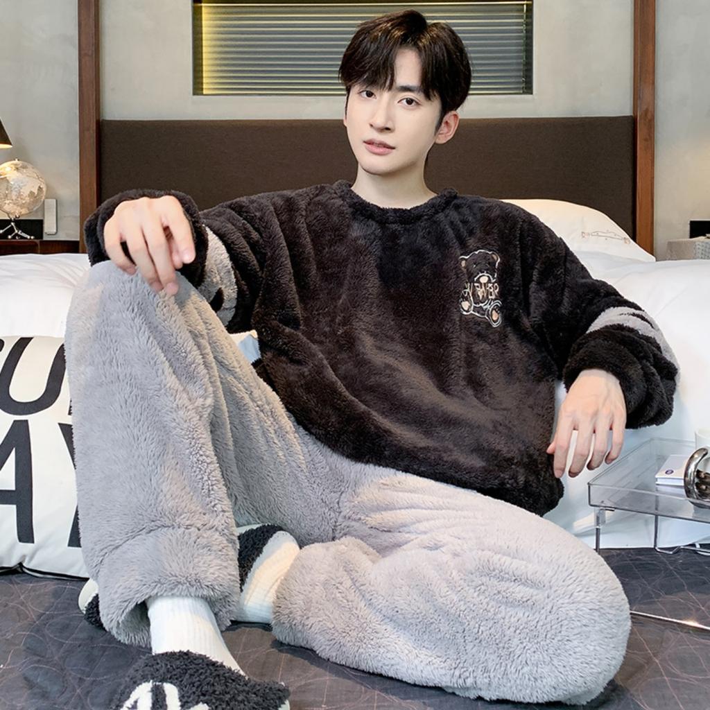 Зимняя одежда, коралловый флис, пижамы, мужская одежда, утепленный флис, круглый вырез, брюки с длинными рукавами, костюмы, домашняя одежда