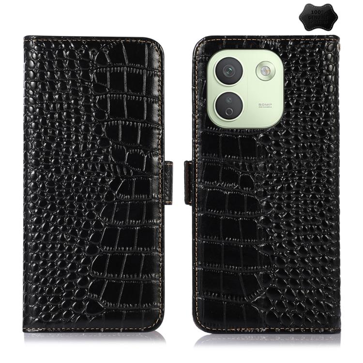 Crocodile Texture Top Layer Cowhide Leather Phone Case For Redmi K100 Pro Max/Poco F9 Ultra 5G, RFID Card Slot Kickstand Wallet Protective Cover