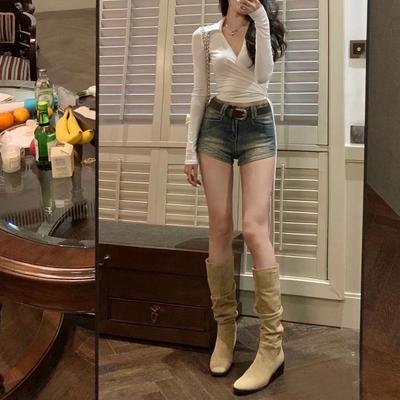 Узкие сапоги женские интернет-знаменитости 2025 года осень и зима новые плиссированные сапоги с начесом высокие рыцарские сапоги до колена сапоги до бедра