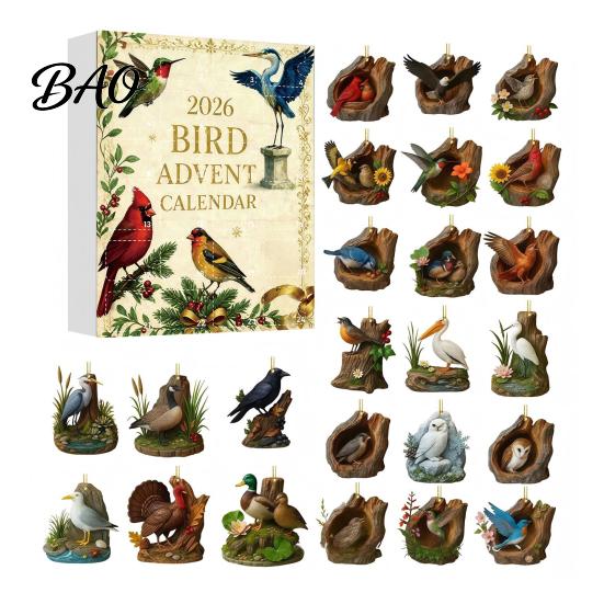 Holiday Tree Decorations Bird Themed Advent Calendar, 24Pcs Acrylic 2D Ornament Set with Calendar Hanging String, Christmas Decor, Gift for