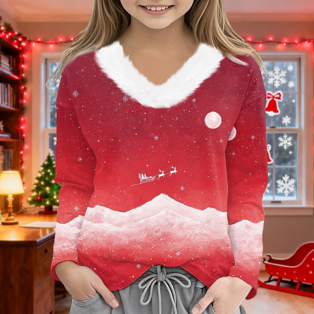 Christmas Day Girls Long Sleeve T Shirts Kids  Girls' V-Neck Tee Christmas Print Long Sleeve Top