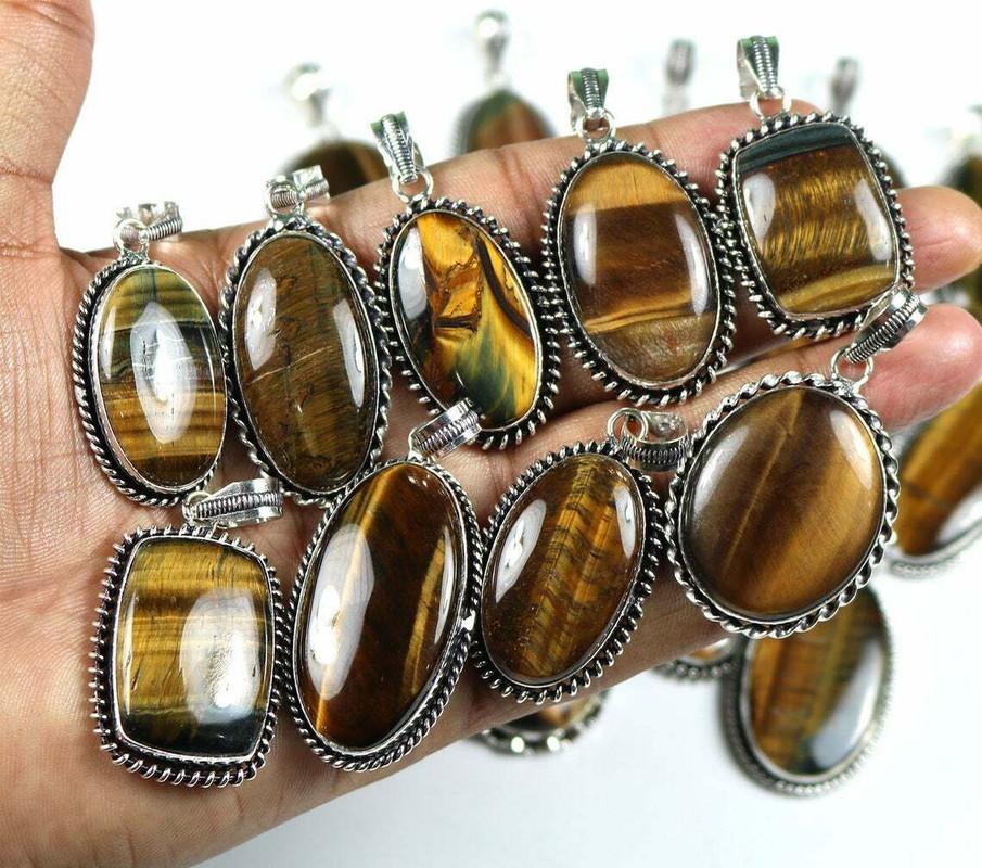 Tiger Eye Gemstone 925 Sterling Silver Plated Handmade 5 PCs Fancy Pendants Jewelry SEN-177