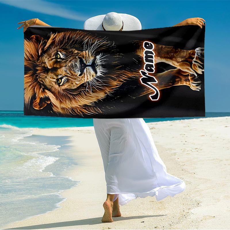 1PC Custom Name Lion Power Beach Towel Highly Absorbent And Sand-Resistant Towel for Swimming, Pool, Yoga, And Travel Lightweight
