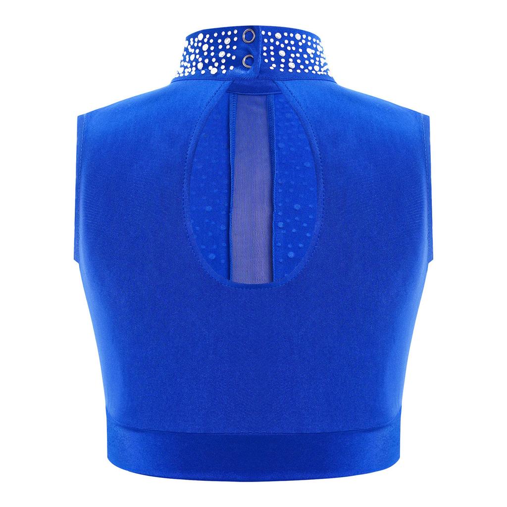 Женский топ для современного танца с высоким воротником, без рукавов, с вырезом на спине, блестящий, с стразами, укороченный, для выступлений